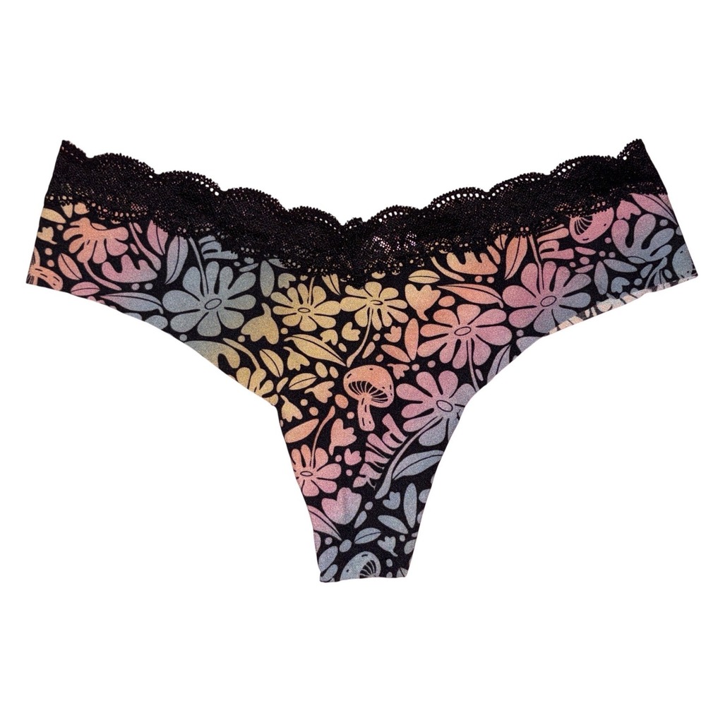NEW PINK Victoria's Secret Multicolor Floral Mushroom Lace Thong Panties, Size M